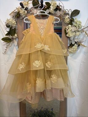 Gold Layered Tulle Formal Dress for Girls